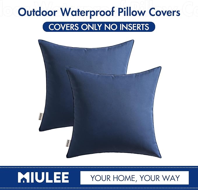 MIULEE Decorative Outdoor Waterproof Pillow Covers 20x20 Navy Blue | Decorative Patio Furniture,Pack of 2,Accent Square Soild Throw Pillow Covers,Summer Garden Tent Couch Sofa