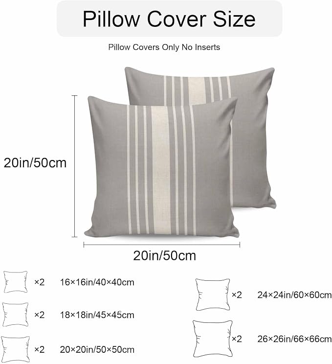 Vandarllin Outdoor Throw Pillows Covers 26x26 inch Set of 2 Waterproof Grey Vertical Stripes Decorative Zippered Cushion Covers for Patio Furniture, Classic Striped Linen Lumbar Pillowcases