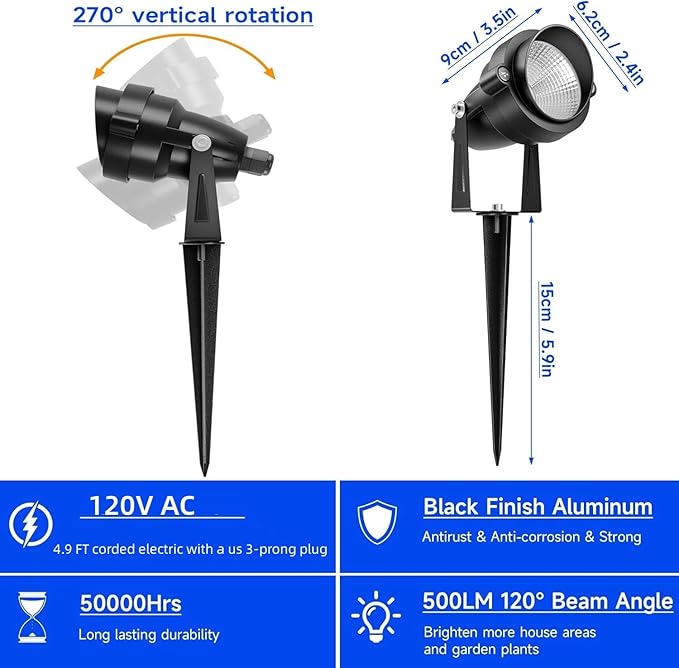Outdoor Landscape LED Spot Lights 10W Waterproof Garden Lighting COB LED Spotlights with Spiked Stand for Lawn Decorative Lamp US 3- Plug 3000K Warm White (2 Packs