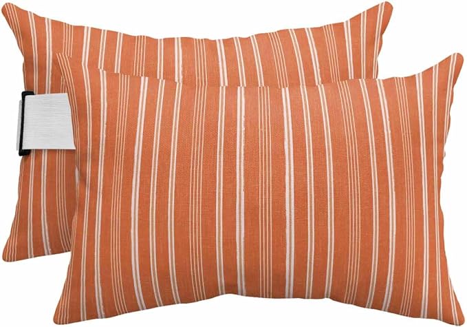 Pack of 2 Outdoor Lumbar Pillow Covers 11x16 Inch, Orange Red Striped Waterproof Throw Pillow Covers Set, Farmhouse Stripes Modern Vintage Indoor&Outdoor Decorative Cushion Cases for Patio Porch Car
