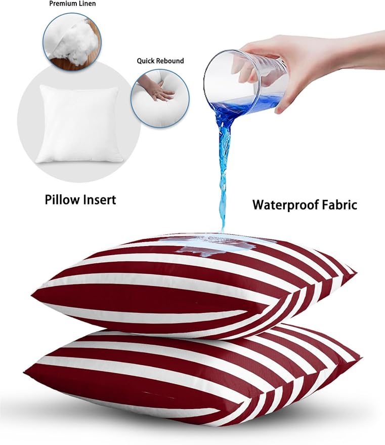 Waterproof Outdoor Pillow 1 Pack Burgundy Red Stripes Decorative Throw Pillows Cover & Insert 16x16 Inch Pillowcase Classic Striped Lines Pillows for Couch Sofa Bed Patio Furniture Indoor Outdoor