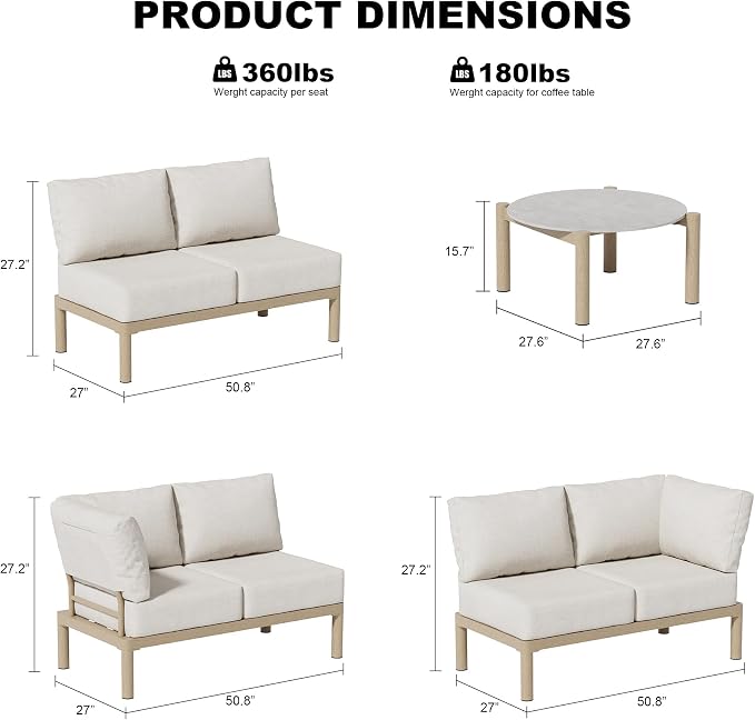 Patio Furniture Set for 6 seat, Aluminum Outdoor Sectional Sofas with 7 Inch Olefin Cushion and Glass Coffee Table, Modern Outdoor Conversation Sets for Porch, Backyard, Sunroom, L-Shaped, Beige