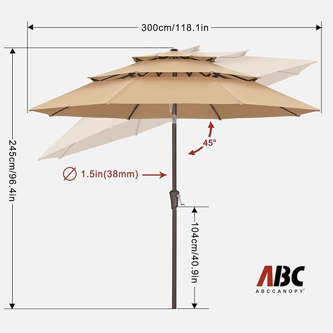 ABCCANOPY 10Ft 3 Tiers Market Umbrella, Outdoor Table Umbrella for Patio, Deck, Backyard (Khaki)