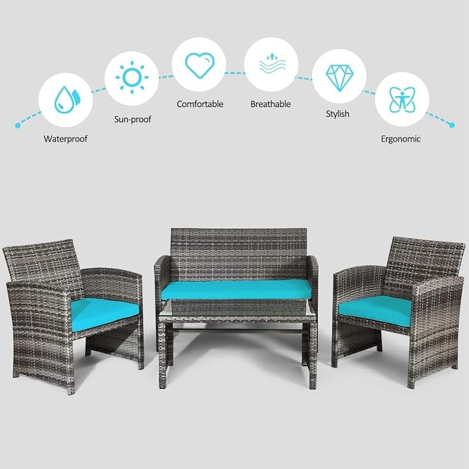 COSTZON HOMGX 4-Piece Patio Furniture Set, Outdoor PE Rattan Conversation Set w/Tempered Glass Table & Soft Cushions, Wicker Conversation for Sofa Porch, Poolside, Backyard (Turquoise)