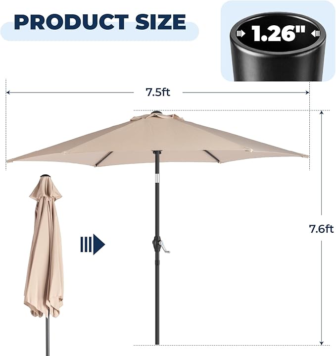 Outdoor Patio Umbrella, 7.5ft Sun Umbrella with Tilt Adjustment and Crank, 6 Ribs Outdoor Umbrellas for Patio, Deck, Garden，Yard, Poolside