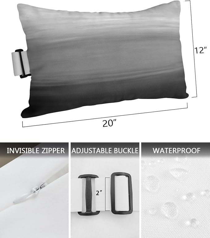 Black Grey Ombre Outdoor Pillows for Chaise Lounge Chair Waterproof Lumbar Pillows with Insert&Adjustable Elastic Strap Beach Headrest Pillow Modern Abstract Art Texture Neck Pillow for Pool 12"x20"