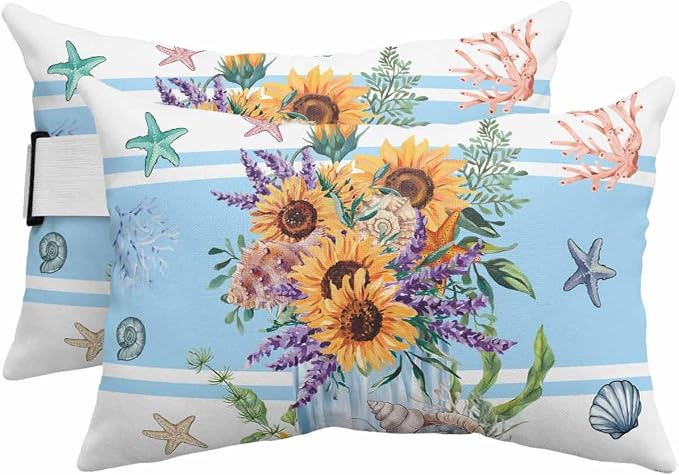 Pack of 2 Outdoor Lumbar Cushions Pillows, Summer Sunflower Blue Stripe Starfish Shell Ocean Flower Waterproof Fluffy Fade Body Pillows, Patio Furniture Pillow for Home Balcony Garden Decor 11x16IN