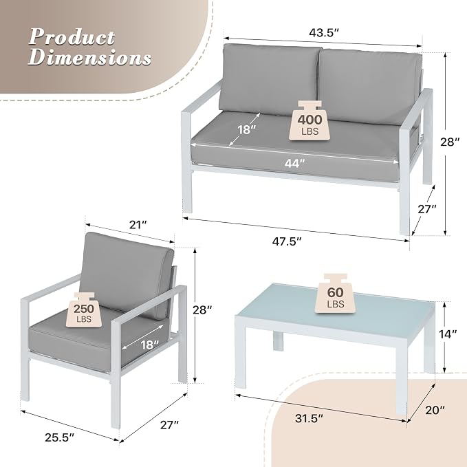 Athena Collection Patio Bistro Set Table and Chairs Set of 4, Outdoor Furniture Set Heavy Duty Conversation Sets Metal Loveseat with Upholstered Seat and Cushions, Gray