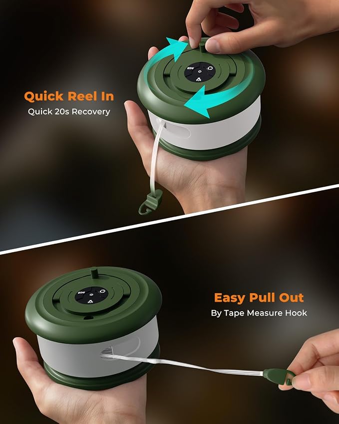 Camping String Lights, Retractable 32.8FT Rechargeable Fairy Light | Quick Storage RGB Flash Lamp Outdoor Waterproof, Portable Hanging Lantern for Outside Tent Patio Awning Garden RV Essentials
