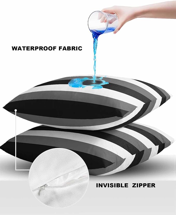 Pack of 2 Modern Stripes Outdoor Pillow Waterproof Covers 18x18 inch, Black Gray White Polyester Throw Pillow Covers Garden Cushion Decorative Case for Patio Couch Decoration