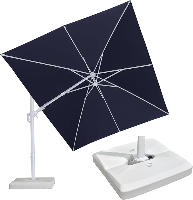 PURPLE LEAF 10 FT Right-left Tilt White Cantilever Umbrella with Base Patio Outdoor Swivel Umbrellas with Aluminum Tilt Offset Umbrella with 360° Rotation for Deck Pool, Navy Blue