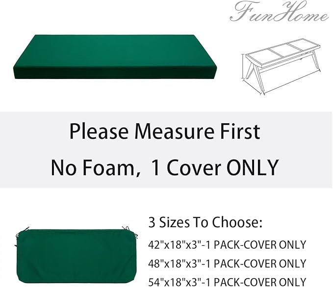 FUNHOME Outdoor Bench Cushion Cover 42 x18 x 3 inch,Water Resistant Cover with Zipper&Ties,Fade-Resistant Slipcover,Patio Porch Swing Cushion Cover Replacement Only,No Insert(Blackish Green)