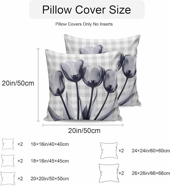 Grey Tulip Waterproof Outdoor Pillow Covers Set of 2 Home Decor, Farmhouse Elegant Flowers Checkered Pillowcase Patio Pillow Covers for Couch Bench Furniture Garden 18x18in