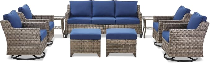 Wicker Patio Furniture Set-9 Pieces All-Weather Wicker Outdoor Furniture with Swivel Patio Chairs Outdoor Patio Conversation Sets for Garden Porch Deck Grey/Blue