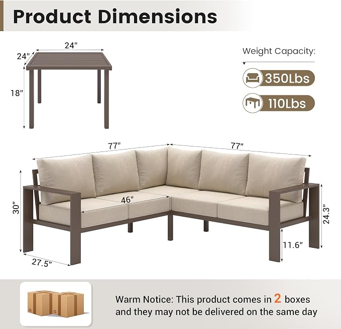 UDPATIO 6 Piece Patio Furniture Set, Metal Outdoor Sectional Sofa with 6" Thick Olefin Cushions, Wide Armrest & Coffee Table, L Shaped Outdoor Furniture for Garden, Backyard Beige