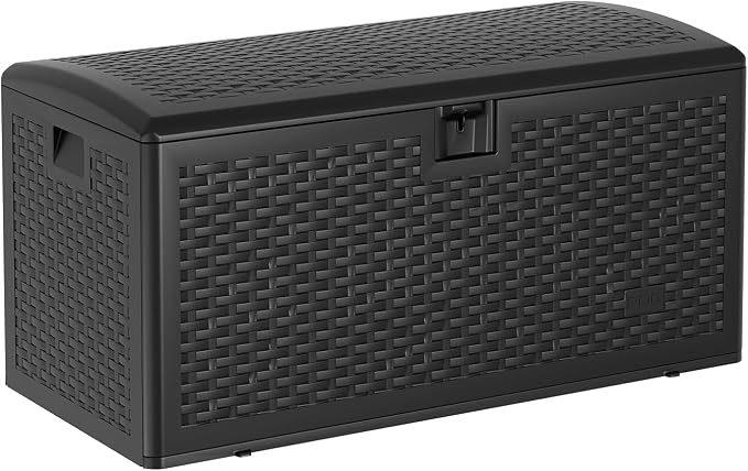 120 Gallon Waterproof Large Resin Deck Box Indoor Outdoor, Lockable Storage Container for Patio Furniture Cushions, Throw Pillows, Garden Tools, and Pool Floats, Black