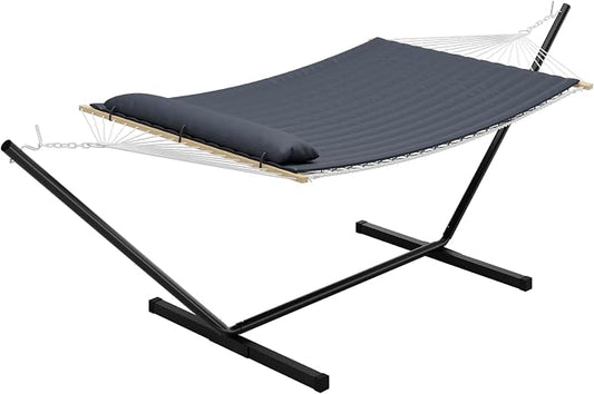 Double Hammock with Stand for 2, Heavy Duty 350 Lb Capacity Portable Rope Hammock for Indoor & Outdoor Use, Includes Padded Mat and Pillow, Tool-Free Easy Assembly, Dark Gray