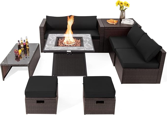 Tangkula 9 Pieces Outdoor Patio Furniture Set with 35-Inch Propane Fire Pit Table, Outdoor PE Wicker Sectional Sofa Set with Storage Box and Cushions, 50,000 BTU Gas Fire Pit Table (Black)