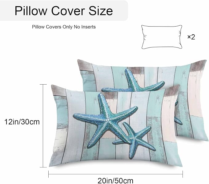 Teal Blue Starfish Waterproof Outdoor Pillow Covers Set of 2 Home Decor, Summer Beach Coastal Retro Wooden Pillowcase Patio Pillow Covers for Couch Bench Furniture Garden 20x12in