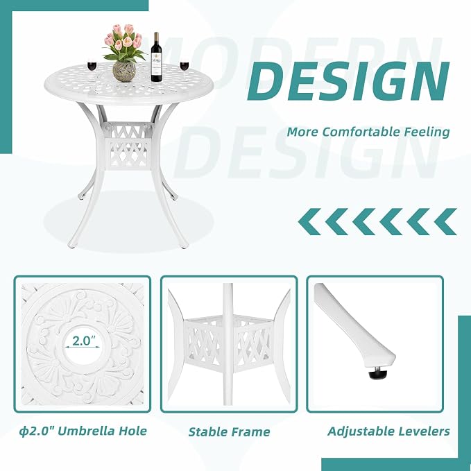 MEETWARM 3 Piece Patio Bistro Set, Outdoor All-Weather Cast Aluminum Dining Furniture Set Includes 2 Chairs and a 31” Round Table with Umbrella Hole for Garden Deck, White