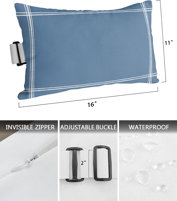 T&H XHome Outdoor Pillow for Chaise Lounge Chair, Solid Color RoyalBlue Waterproof Headrest Pillow Lumbar Pillows with Insert & Adjustable Elastic Strap for Beach, Poolside, Patio, Office (2 Pack)
