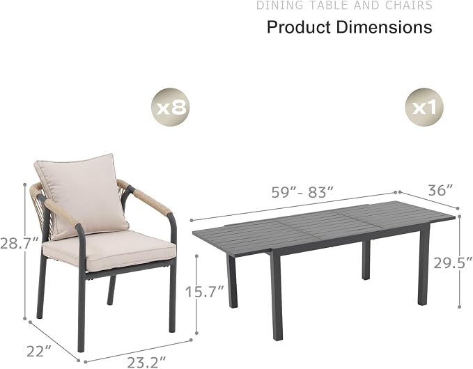 SUNSITT 9 Piece Outdoor Patio Dining Set, 59" - 83" Aluminum Expandable Outdoor Dining Table and 8 Woven Wicker Patio Chairs w/Curved Backrest for Garden, Dark Grey
