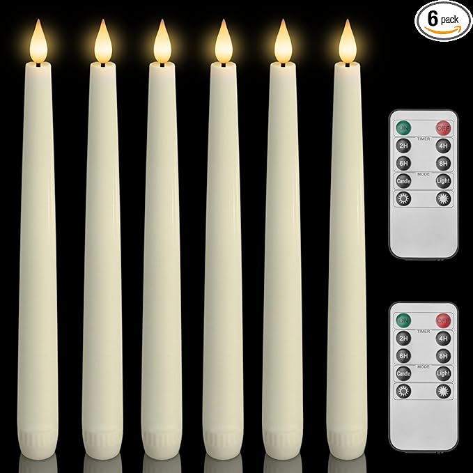 Homemory 6 Pcs Waxy Flameless Taper Candles with Remote, Flickering Battery Operated Candlesticks, Led Fake Candles Tall Candle for Home, Wedding, Party, Ivory, 9.6 inches