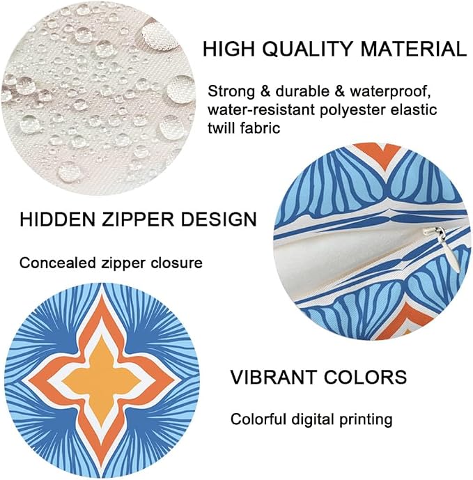 Outdoor Waterproof Throw Pillow Covers 22x22 inch Floral and Boho Style Decorative Pillow Covers Modern Geometric Pillowcase for Patio Funiture Garden Set of 4, Blue and Orange