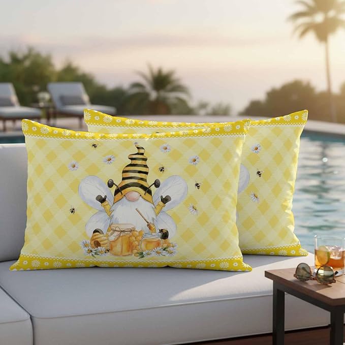 Yukro Honey Gnome Outdoor Waterproof Pillow Covers Pack of 2, Watercolor Honey Bees Floral Yellow Plaid Decorative Throw Pillowcases Cushion Covers for Garden Patio Tent Sofa Couch, 20x12 inch