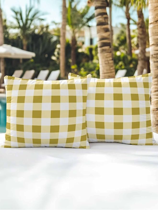 Waterproof Outdoor Pillow Set of 2 Buffalo Plaid Decorative Throw Pillows Cover & Insert 16x16 Inch Pillowcase Yellow Check Lines Square Pillows for Couch Sofa Bed Patio Furniture Indoor Outdoor