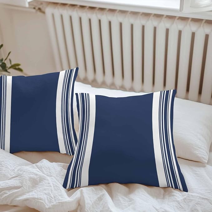 Farmhouse Navy Blue Outdoor Waterproof Throw Pillow Covers 16x16 Set of 2, Aesthetic Modern Line Striped Decorative Pillowcases Cushion Pillowcase for Couch Sofa Patio Outside Pillow Protector