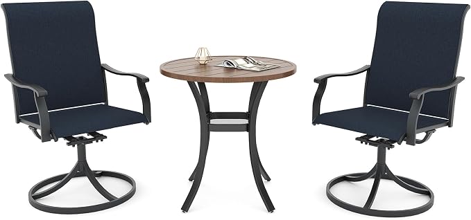 Anmutig Small Outdoor Patio Dining Set, 27.5 Inch Brown Top Round Table with 2 Navy Blue Textilene Swivel Rocker Chairs - Retro Armrest Style1
