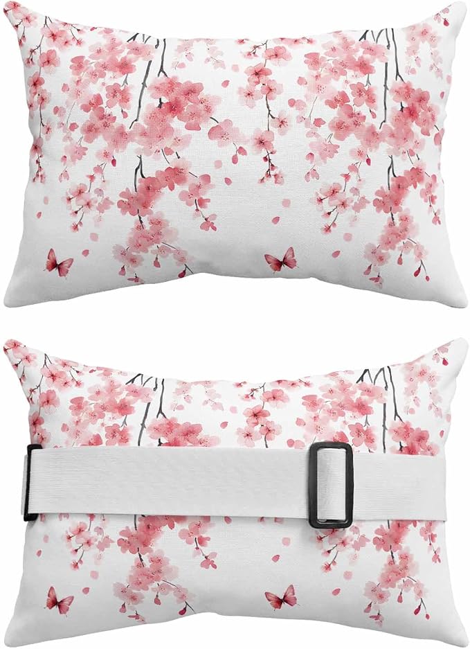 Pack of 2 Outdoor Lumbar Cushions with Inserts, Pink Peach Blossoms Flowers Branches Butterflies Waterproof Fluffy Fade Body Pillows, Patio Furniture Pillow for Home Balcony Garden Decor 11x16IN
