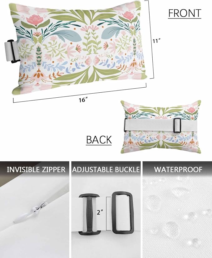 Outdoor Pillows Covers with Inserts Hand Drawn White Green Pink Floral Line Pattern Waterproof Pillow with Adjustable Strap Throw Pillows for Patio Furniture Recliner Lounge Chair, 11"x16", 2PCS