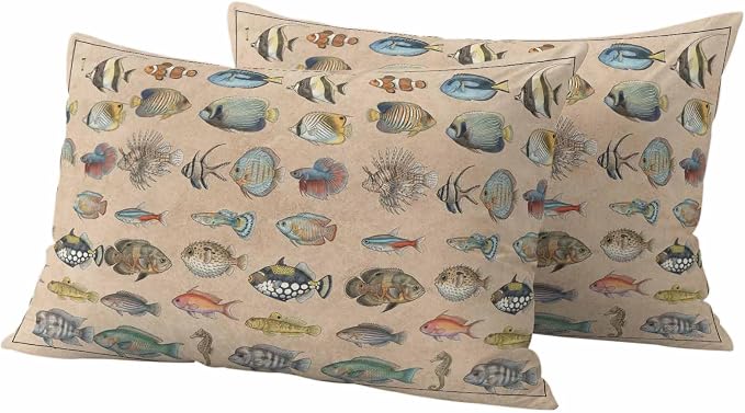 Outdoor Pillow Covers 20x12 Set of 2, Ocean Fishes Waterproof Patio Throw Pillow Covers for Couch Sofa Chair, Retro Tropical Coastal Animal Brown Decorative Pillowcases for Throw Pillows