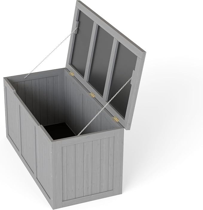 CIATRE 67-Gallon Outdoor Wooden Deck Box – Solid Wood Storage Bench with Seat & Table Top, Weather-Resistant Patio Cushion & Pool Toy Organizer -Grey