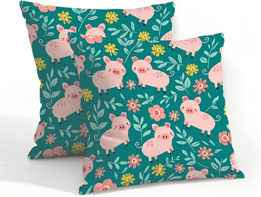 20x20 Inch Outdoor Pillow Covers Set of 2 Waterproof Throw Pillow Covers Decorative Couch Cushion Covers Pigs Green Leaves Square Pillowcases Protectors for Patio Garden Sofa