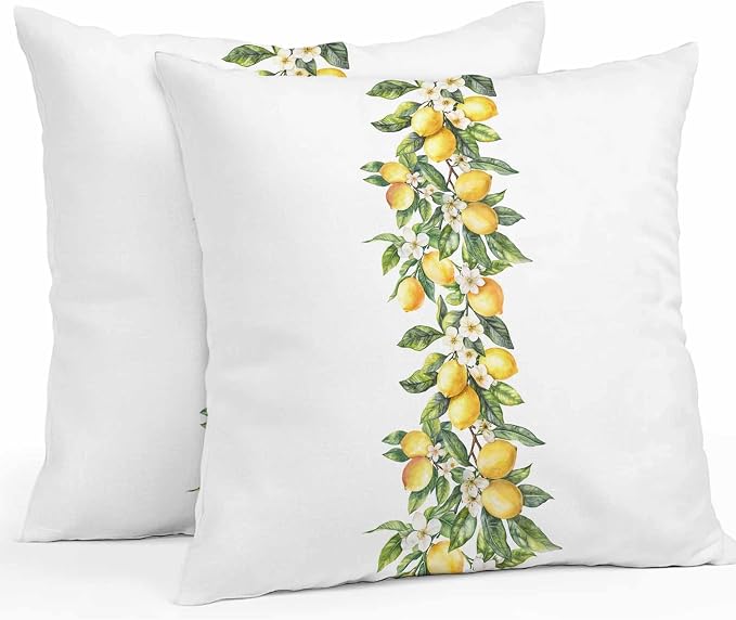 Yellow Lemon Waterproof Outdoor Pillow Covers Set of 2 Home Decor, Simple Spring Botanical Fruit Leaves Flower Pillowcase Patio Pillow Covers for Couch Bench Furniture Garden 20x20in