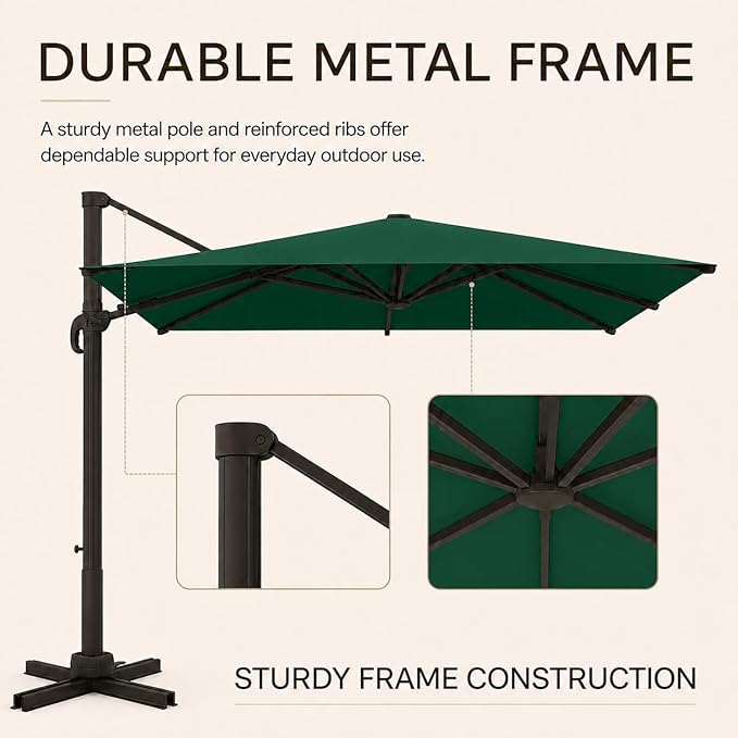 Kingdura 8' X 8' Cantilever Patio Umbrella with Base Included, Large Square Outdoor Offset Umbrella with 360-degree Rotation, 4 Position Tilt, UV Protection for Pool Deck Garden Patio (Dark green)