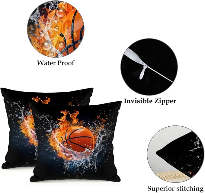 18x18 Inch Outdoor Pillow Covers Set of 2 Waterproof Throw Pillow Covers Decorative Couch Cushion Covers Basketball in Fire Square Pillowcases Protectors for Patio Garden Sofa
