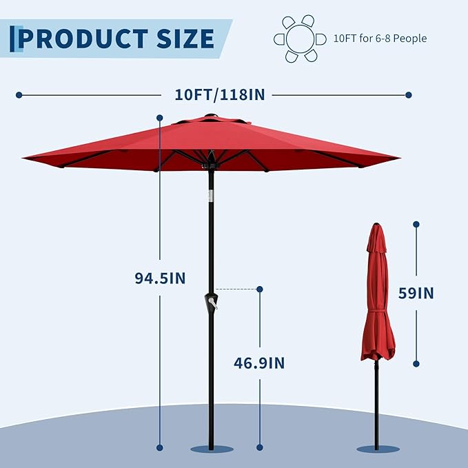Garvee 10FT Patio Umbrella - Outdoor Table Umbrella with Smooth Crank Lift, Push Button Tilt and 8 Sturdy Ribs - Market Umbrella UV Protection Waterproof for Pool, Deck, Yard, Garden