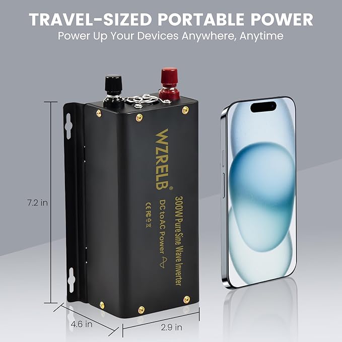 WZRELB 300W Pure Sine Wave Inverter 600W Peak DC 24V to 110V AC Power Converter Off Grid LED Display with Remote Controller
