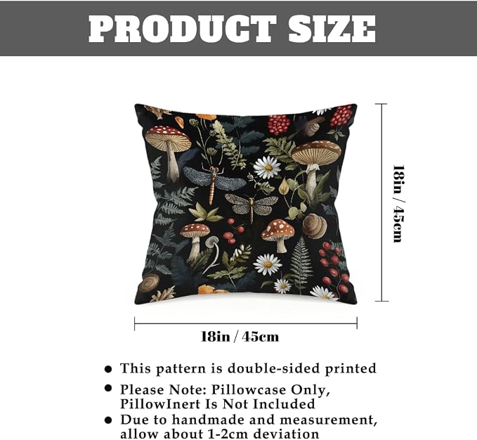 18x18 Inch Outdoor Pillow Covers Set of 2 Waterproof Throw Pillow Covers Decorative Couch Cushion Covers Mushrooms Dragonflies Leaf Square Pillowcases Protectors for Patio Garden Sofa