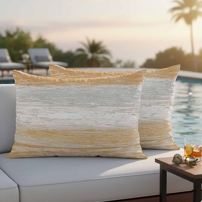 Outdoor Waterproof Throw Pillow Covers, Vintage Orange Grey Decorative Pillow Cases, Farmhouse Barn Wooden Striped Couch Pillow Protector Patio Sofa Cushion Covers Replacement 20"x12" 2 Pack