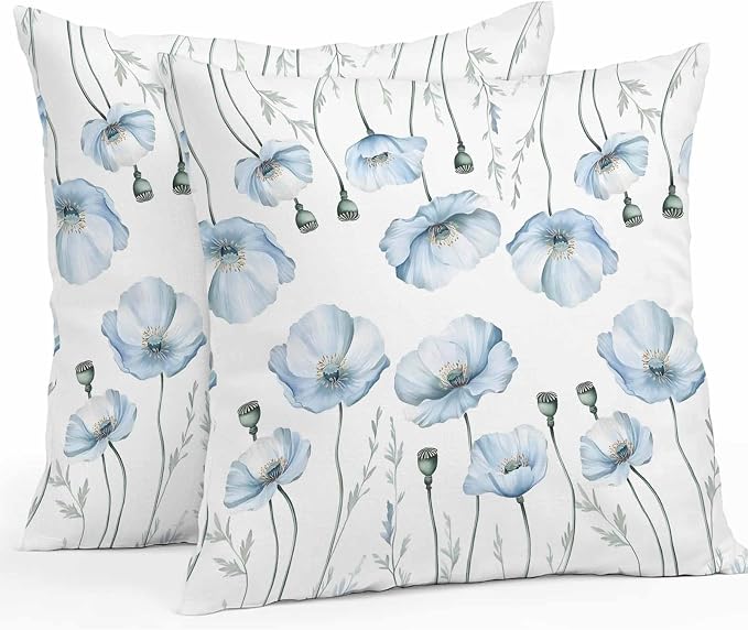 Blue Poppy Floral Waterproof Outdoor Pillow Covers Set of 2 Home Decor, Farmhouse Pastoral Botanical Flowers Pillowcase Patio Pillow Covers for Couch Bench Furniture Garden 18x18in