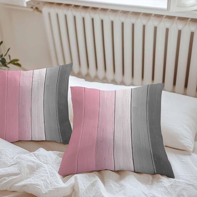 Throw Pillow Covers 16x16 Inch Set of 2, Pink Gray Ombre Waterproof Outdoor Cushion Covers, Vintage Country Wooden Decorative Pillowcases for Couch, Sofa, Bed, Garden, Patio