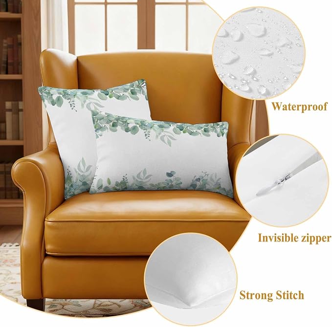 Spring Green Leaf Outdoor Waterproof Throw Pillow Covers Set of 2, 24"x24", Eucalyptus Leaves Watercolor Plants Decorative Pillow Covers Outside Cushion Case for Patio Porch Garden