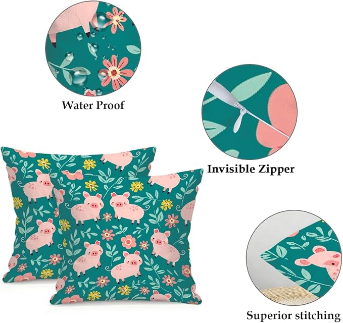 22x22 Inch Outdoor Pillow Covers Set of 2 Waterproof Throw Pillow Covers Decorative Couch Cushion Covers Pigs Green Leaves Square Pillowcases Protectors for Patio Garden Sofa
