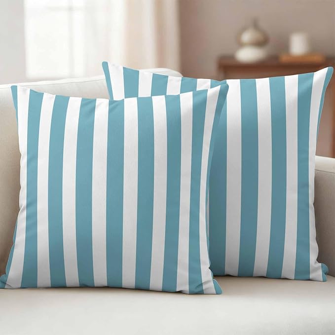 Aqua Striped Outdoor Waterproof Throw Pillow Covers 24x24 Set of 2, Modern Farmhouse Blue White Stripes Decorative Pillowcases Cushion Pillowcase for Couch Sofa Patio Outside Pillow Protector