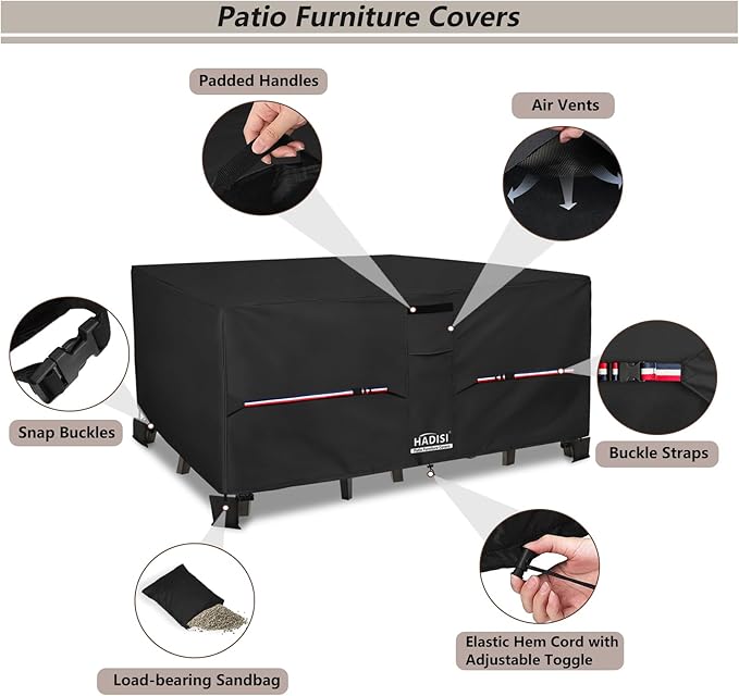 Patio Furniture Covers,Outdoor Furniture Cover Waterproof,600D Rectangular Patio Heavy Duty Table Cover,Outdoor Dining Table and Chair General Purpose Furniture Covers 111"L x 74"W x 28"H-Black
